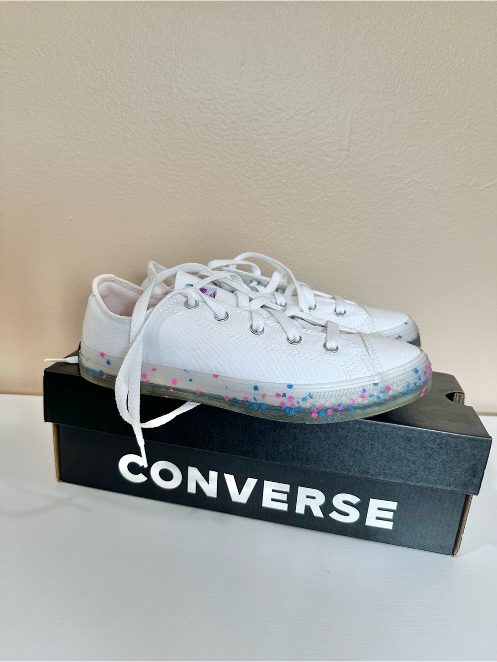 Converse Kids White Canvas Low Tops with Pink & Blue Confetti Sole